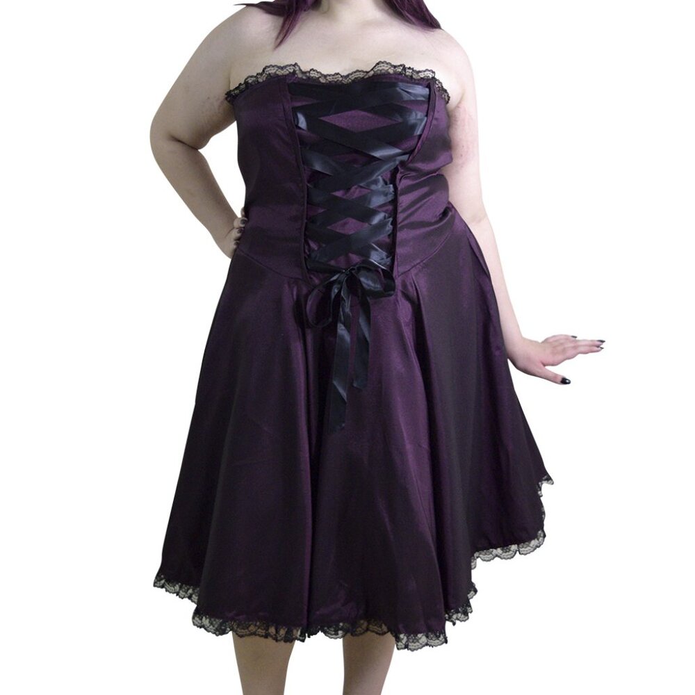 Dark Purple Satin Corset Dress – Plus Size Purple Lace-Up Front Party Dress